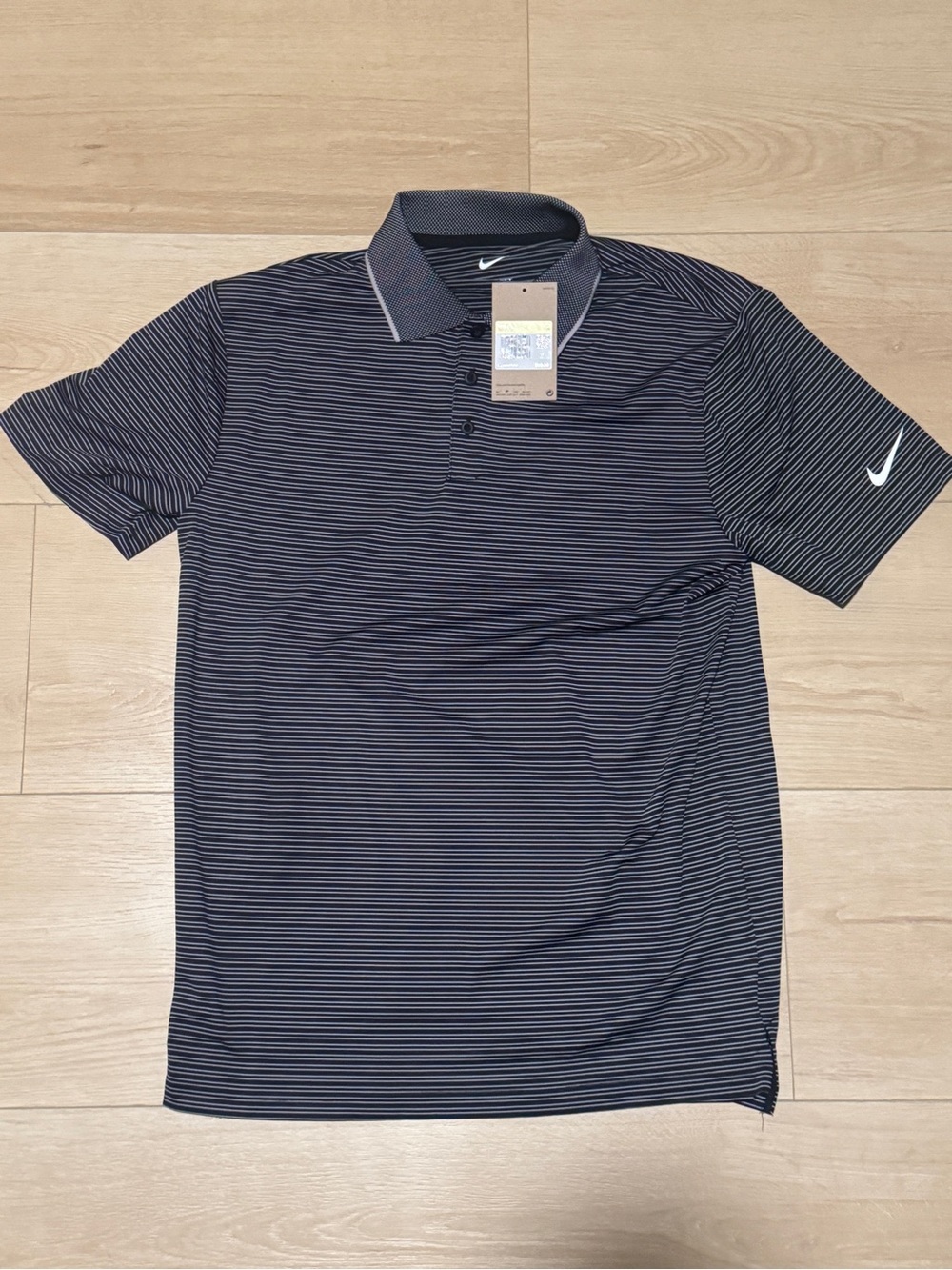 Nike Men’s Black and Gray Thin-Striped Dri-FIT Polo